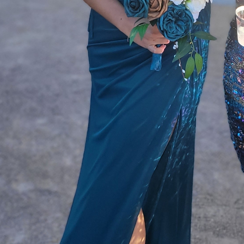 Azazie Teal Prom Dress with Floral Accents